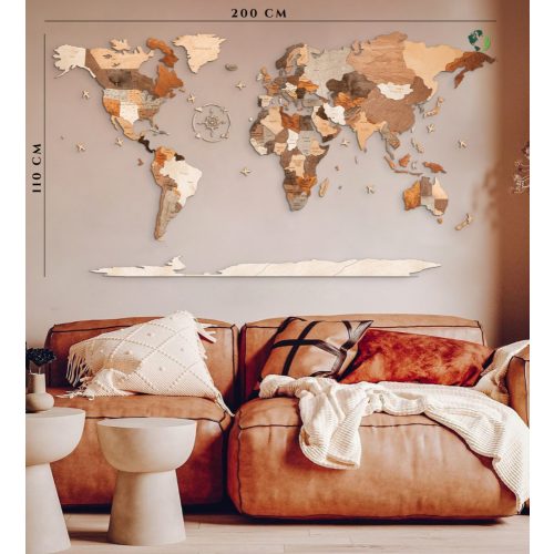 3D Fa Puzzle Világtérkép - Fali Dekoráció 200x110 (Iránytűvel)